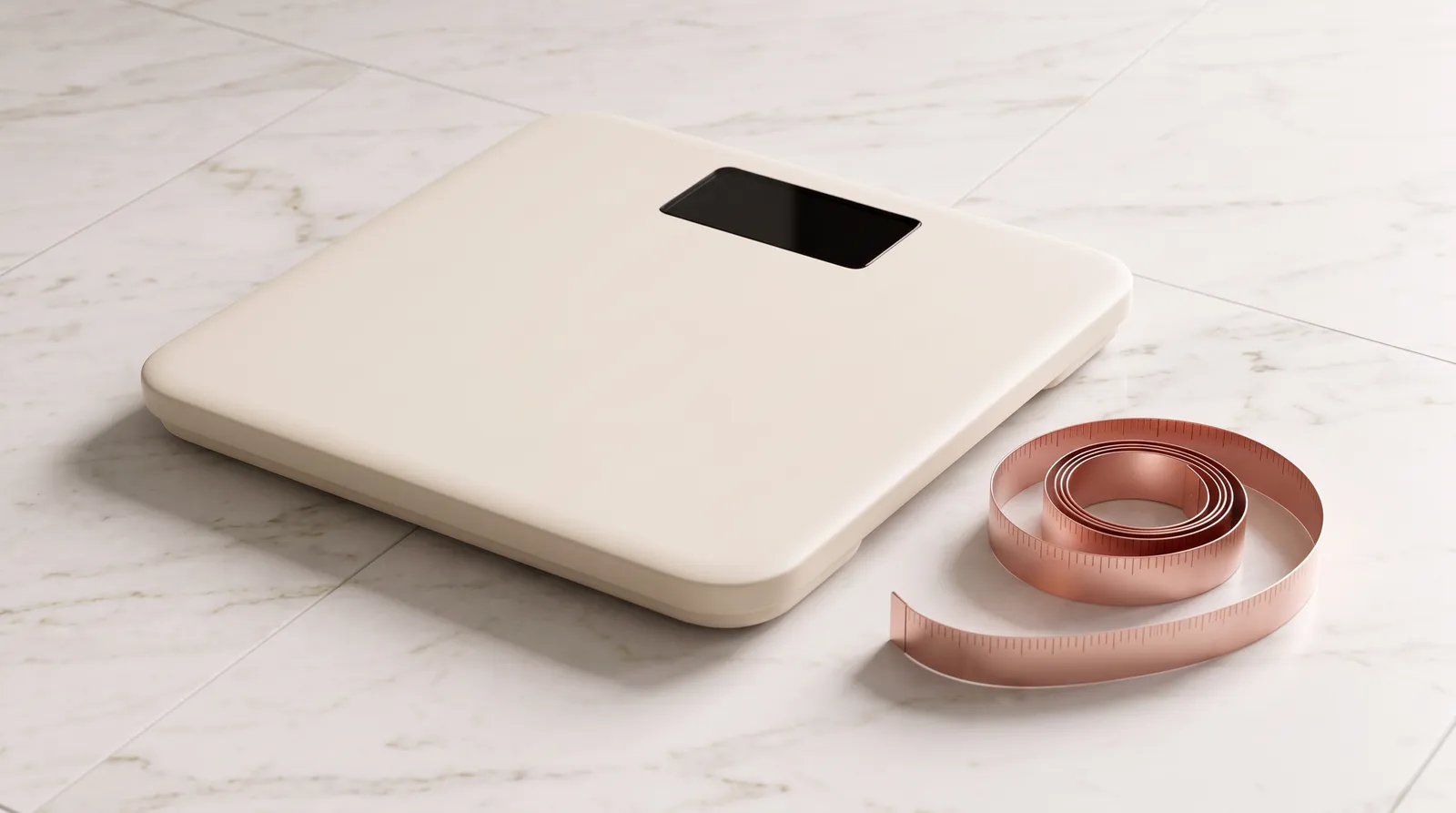 A cream bathroom scale with a blank black display beside a coiled rose-gold tape measure on white marble tile.