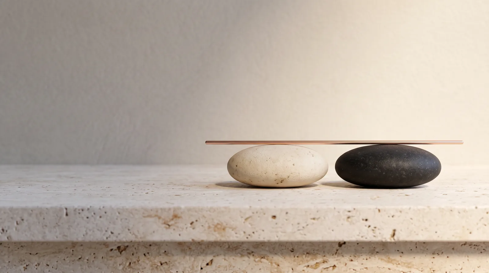 A cream stone and a black stone side by side on a travertine ledge, with a thin rose-gold rod resting across them.