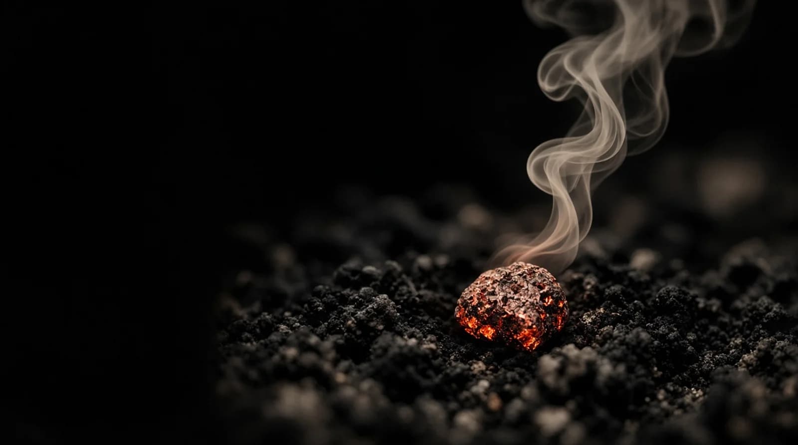 A glowing ember in black ash with a curl of cream smoke rising.