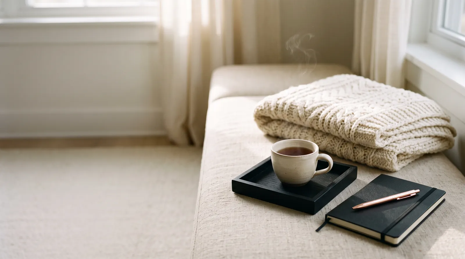 Cup of tea on a black tray, a cream knit blanket, and a black notebook with a rose-gold pen on a linen bench.