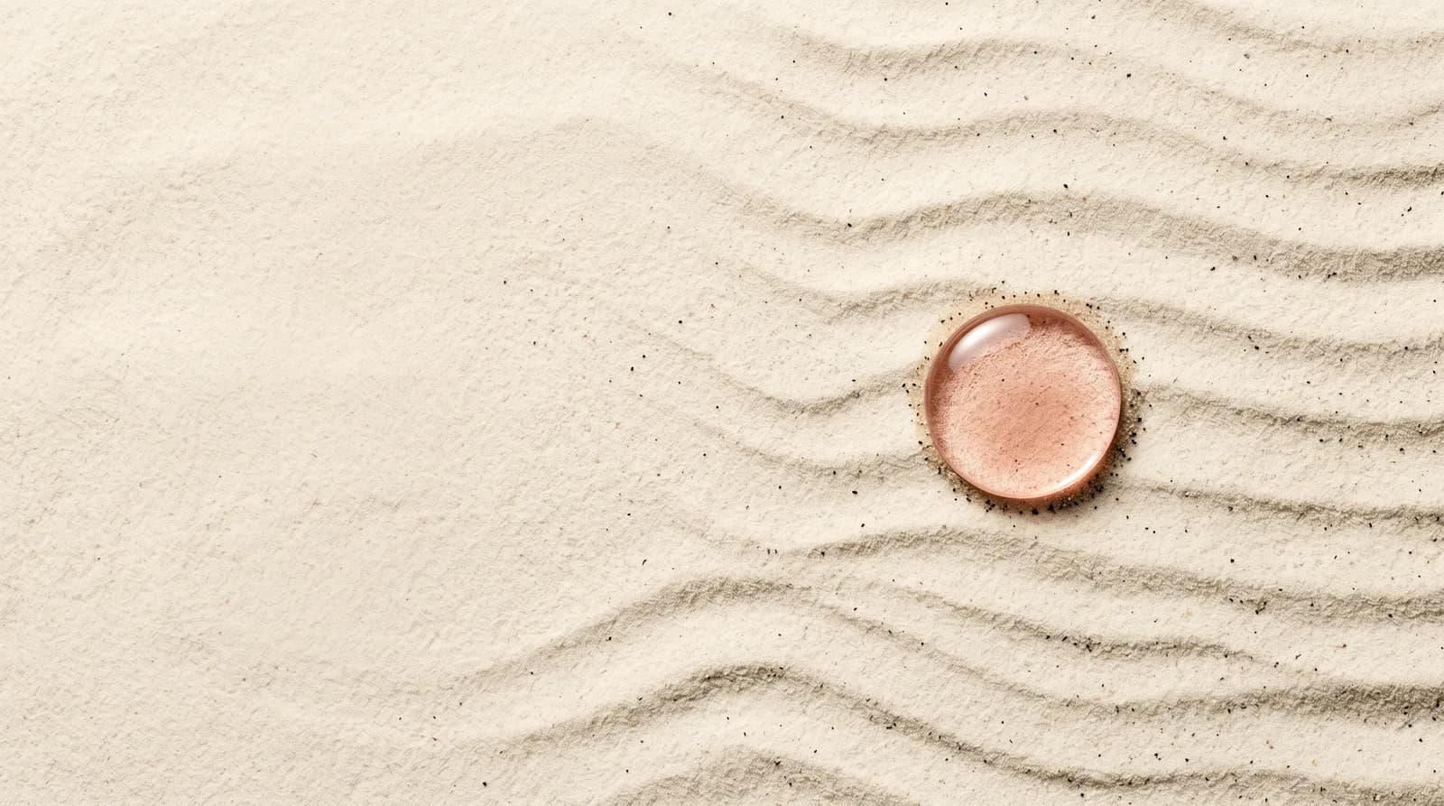 Overhead view of dry, rippled cream sand with a single glossy rose-gold droplet resting on its surface.