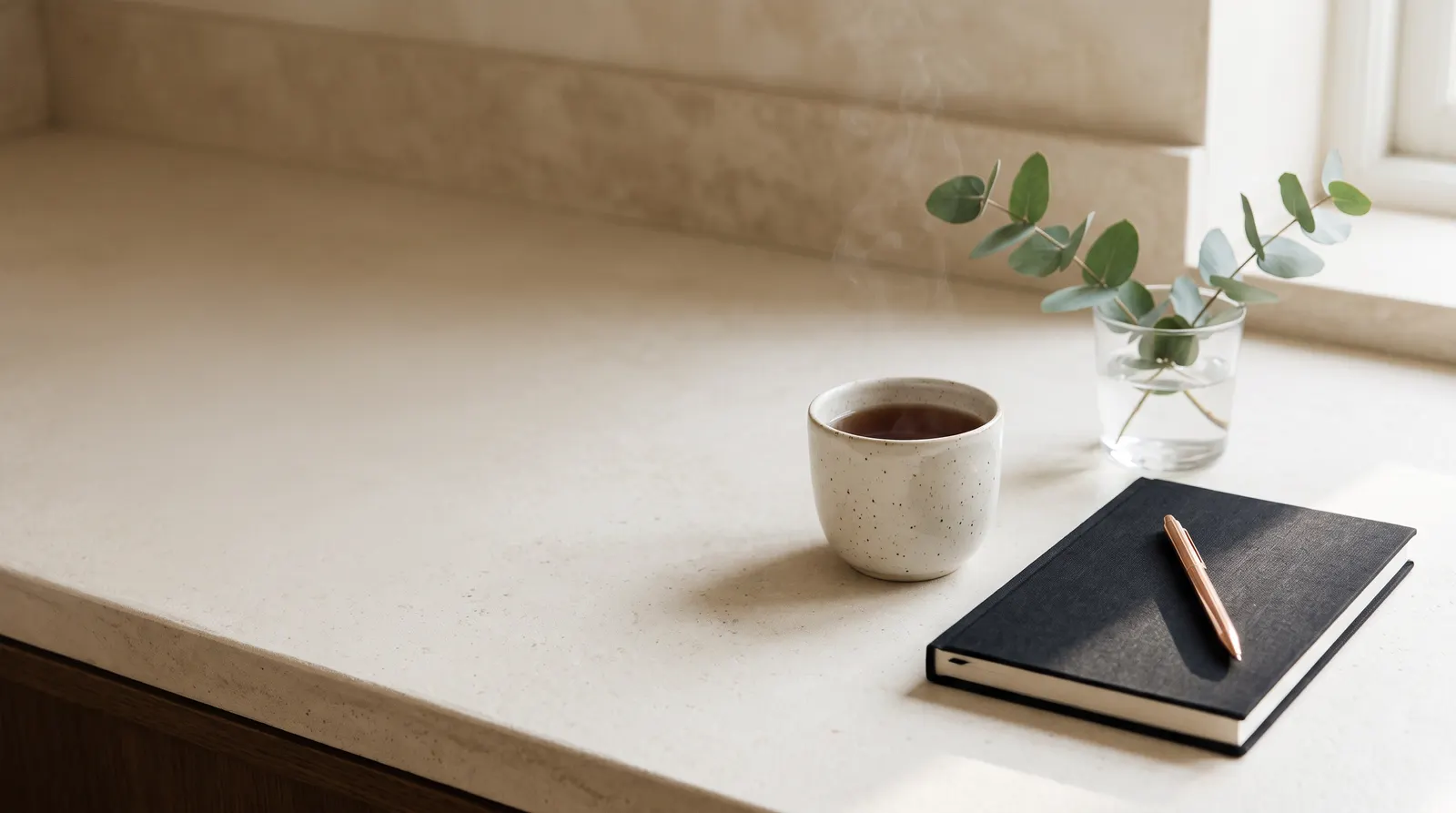 Cup of tea, eucalyptus in a glass, and a black journal with a rose-gold pen on a cream counter in window light.