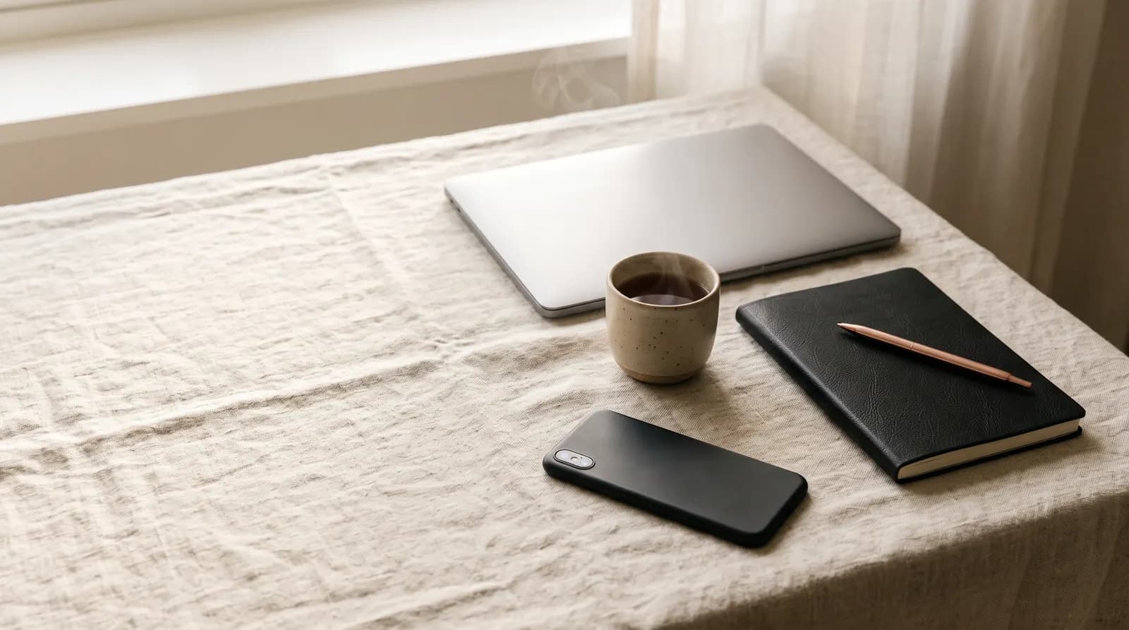Closed laptop, cup of tea, phone, and black notebook with a rose-gold pen on a cream linen table by a window.