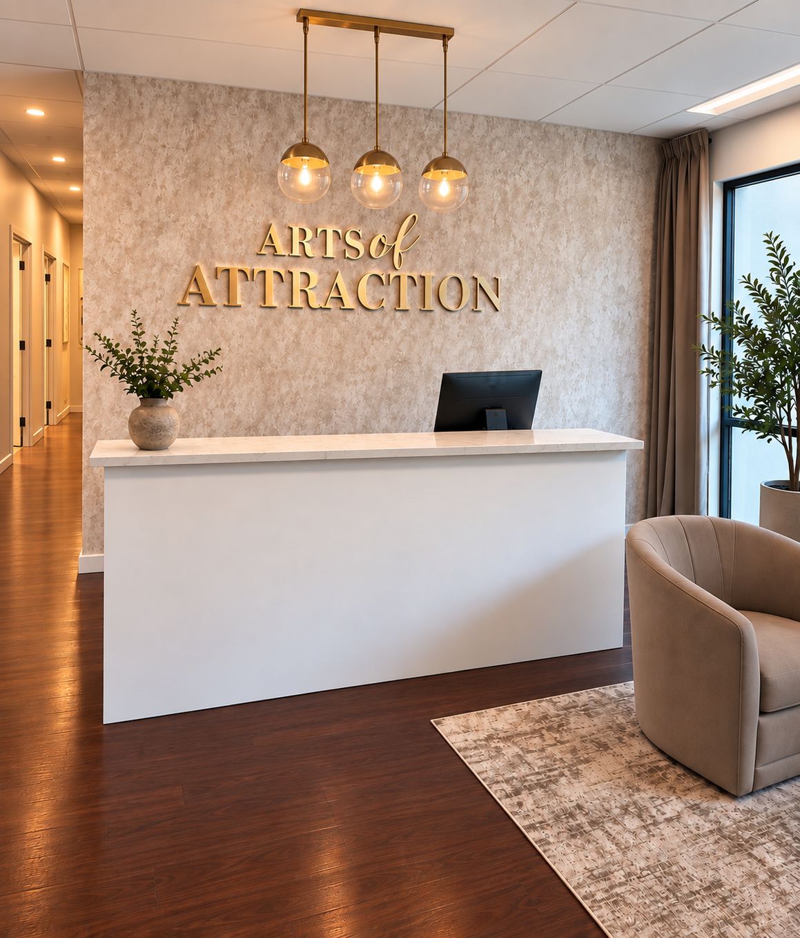 Arts of Attraction reception with gold wall lettering