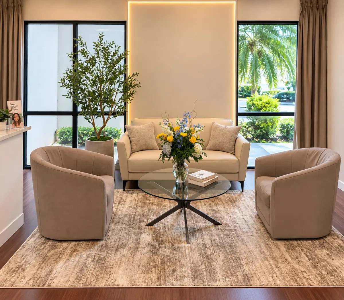 Arts of Attraction lounge with a sofa, two chairs, flowers, and windows
